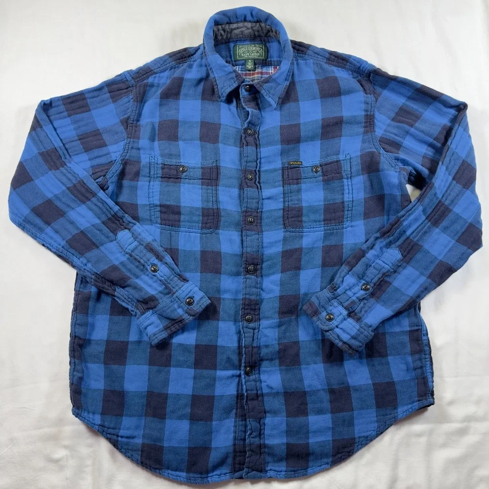 Polo Ralph Lauren Mens XL Blue Black Plaid Flannel Classic Fit Button Down Shirt
